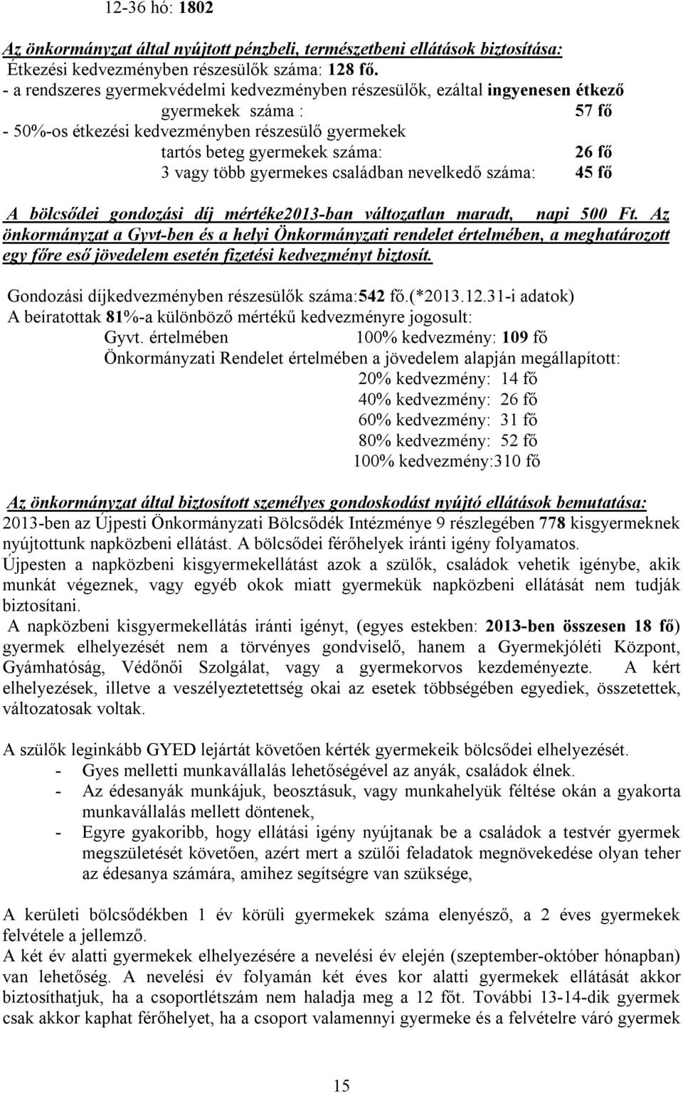 vagy több gyermekes családban nevelkedő száma: 45 fő A bölcsődei gondozási díj mértéke2013-ban változatlan maradt, napi 500 Ft.