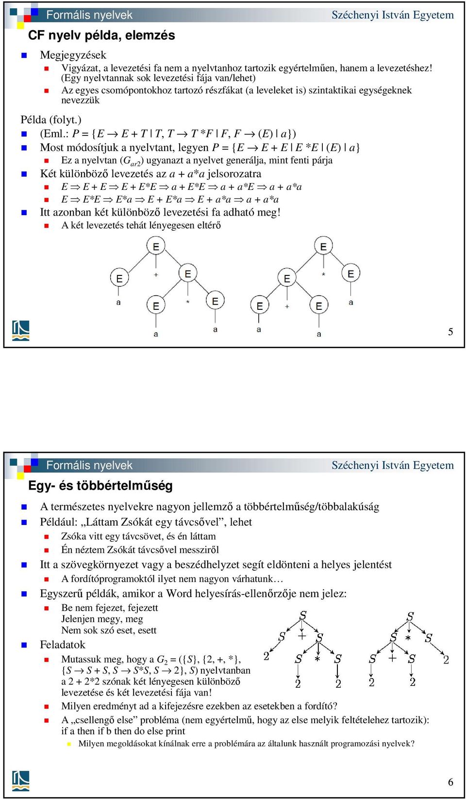 : P = {E E + T T, T T *F F, F (E) a}) Most módosítjuk a nyelvtant, legyen P = {E E + E E *E (E) a} Ez a nyelvtan (G ar2 ) ugyanazt a nyelvet generálja, mint fenti párja Két különböző levezetés az a +