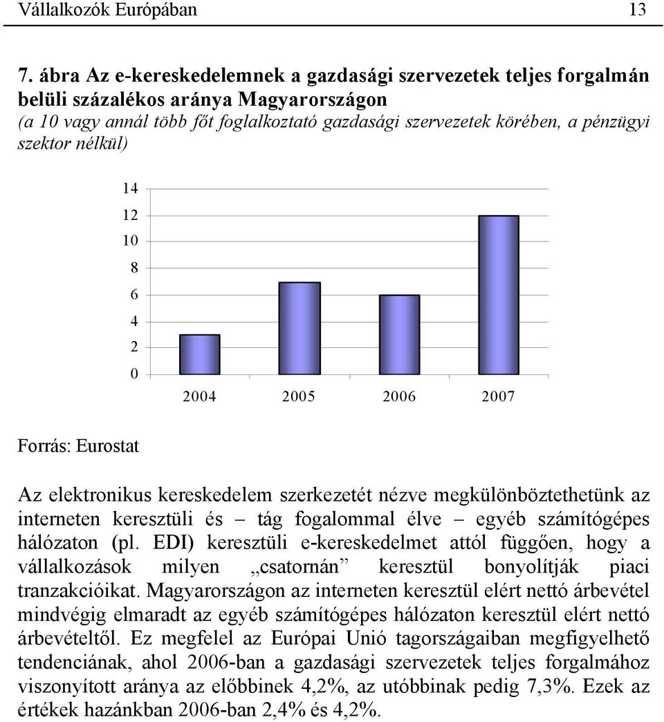 nélkül) 14 12 10 8 6 4 2 0 2004 2005 2006 2007 Forrás: Eurostat Az elektronikus kereskedelem szerkezetét nézve megkülönböztethetünk az interneten keresztüli és tág fogalommal élve egyéb számítógépes