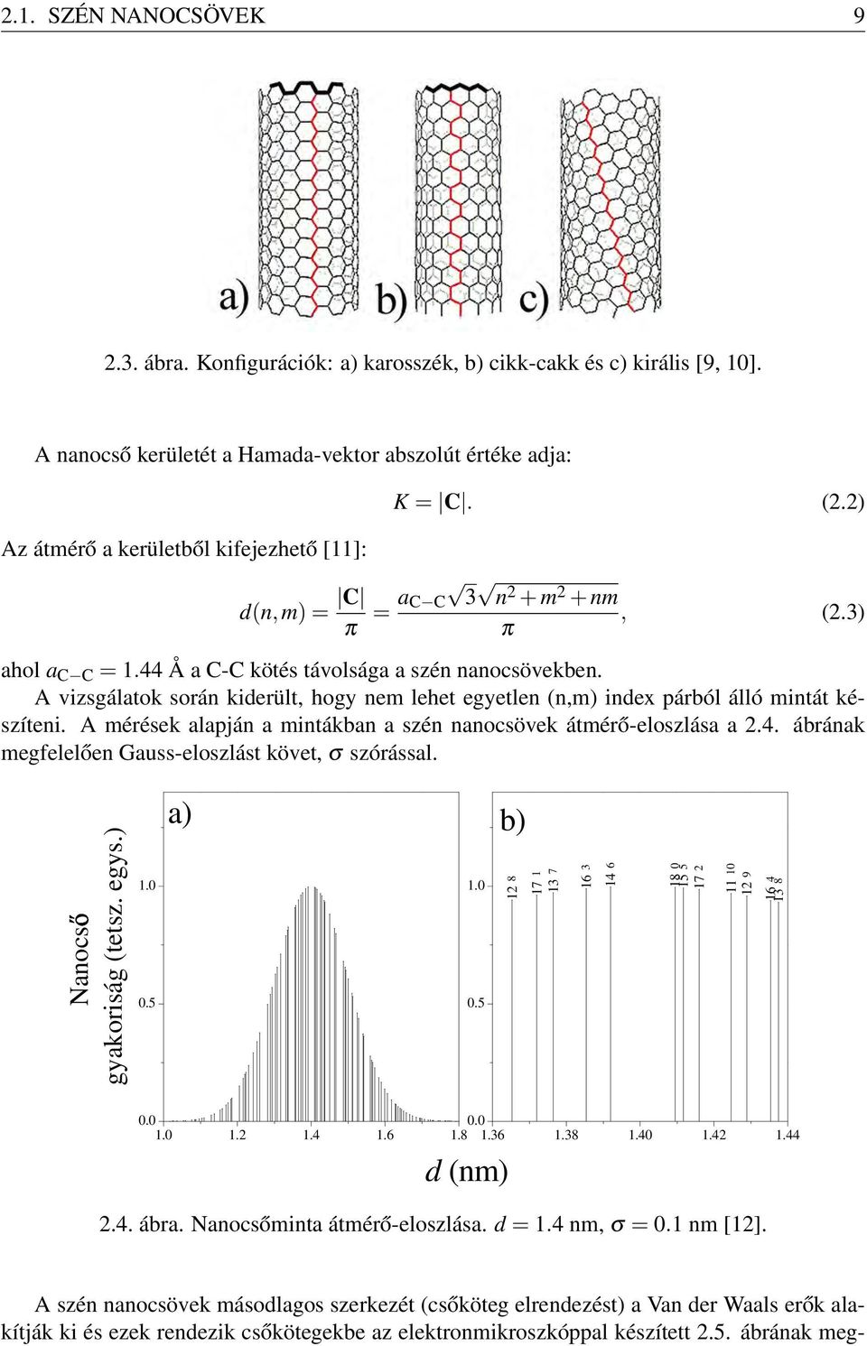 A vizsgálatok során kiderült, hogy nem lehet egyetlen (n,m) index párból álló mintát készíteni. A mérések alapján a mintákban a szén nanocsövek átmérő-eloszlása a 2.4. ábrának 2.