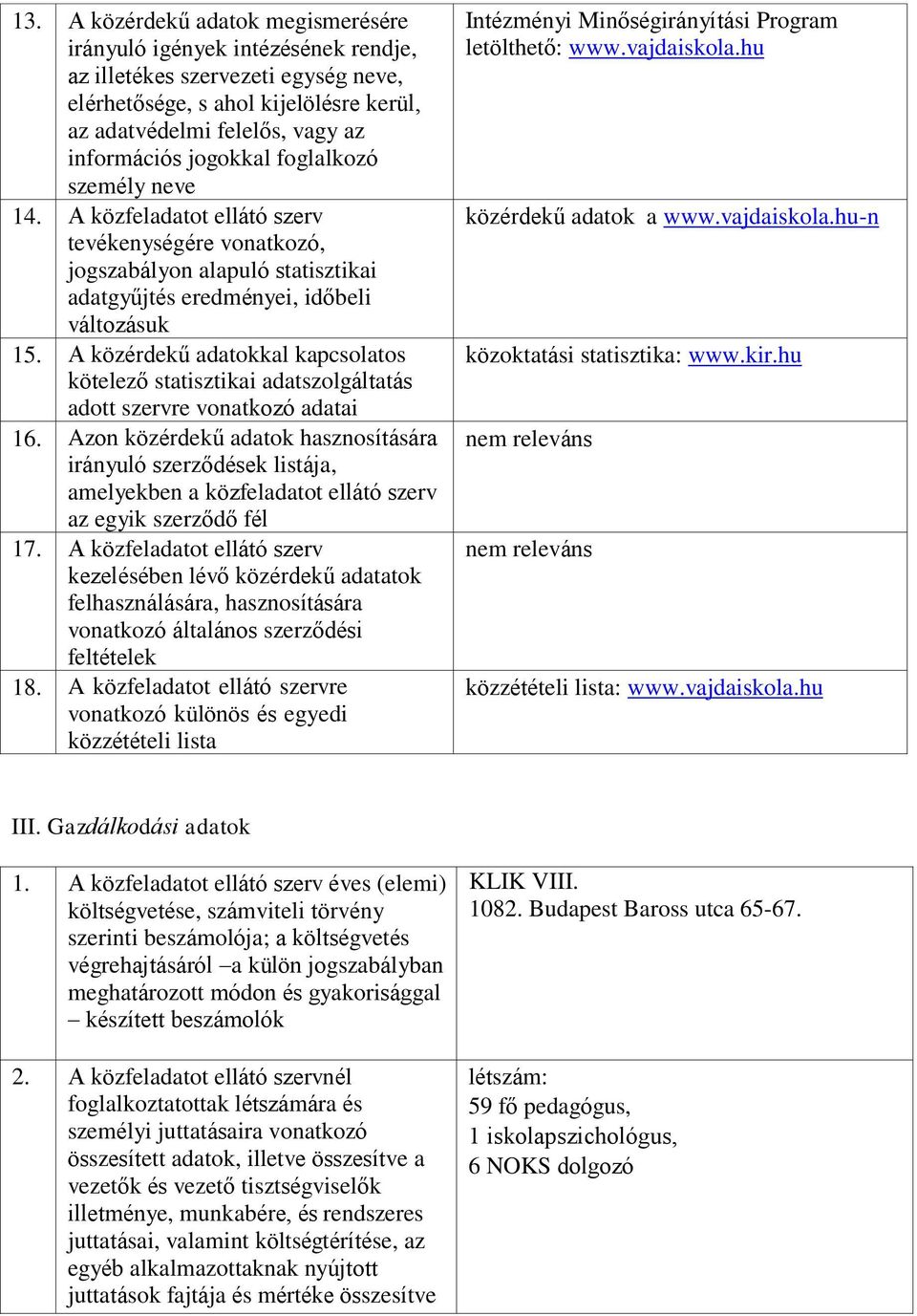 A közérdekű adatokkal kapcsolatos kötelező statisztikai adatszolgáltatás adott szervre vonatkozó adatai 16.