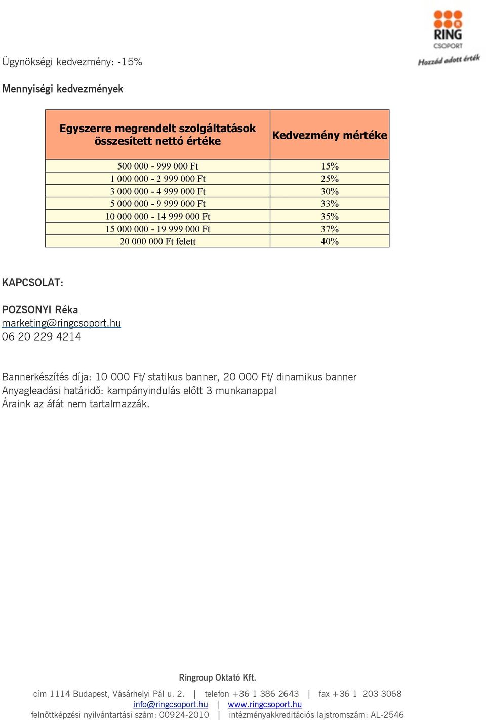 000-19 999 000 Ft 37% 20 000 000 Ft felett 40% KAPCSOLAT: POZSONYI Réka marketing@ringcsoport.