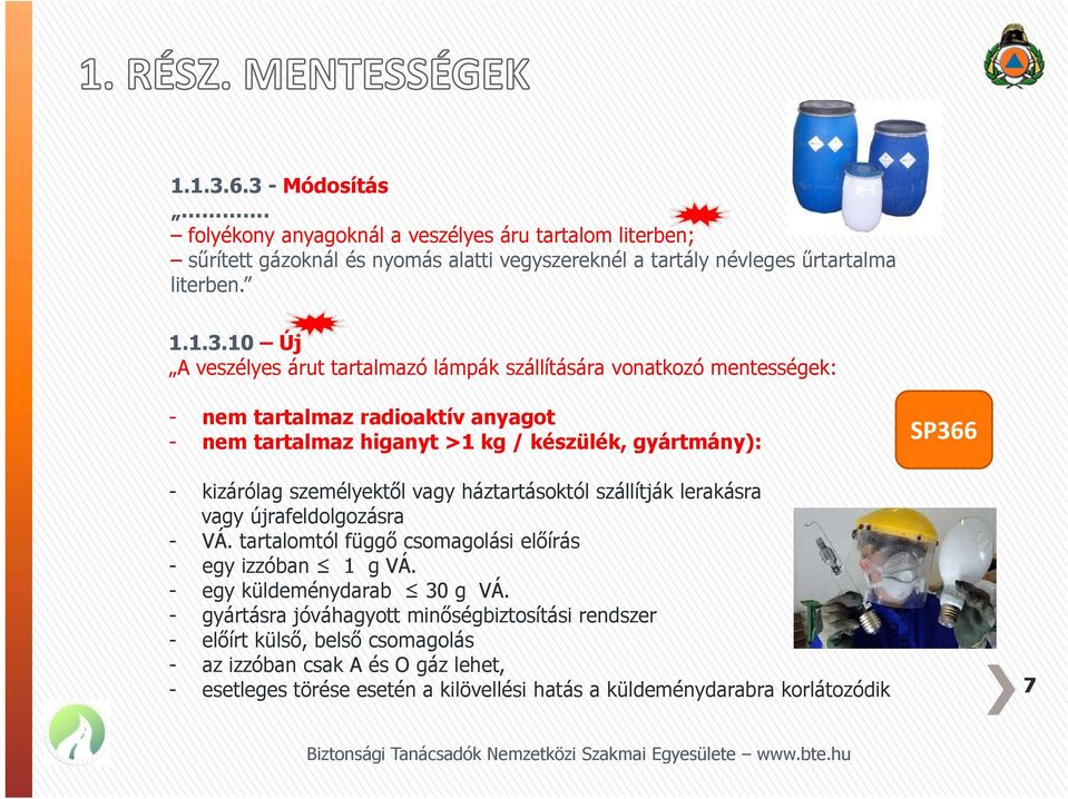 10 Új A veszélyes árut tartalmazó lámpák szállítására vonatkozó mentességek: - nem tartalmaz radioaktív anyagot - nem tartalmaz higanyt >1 kg / készülék, gyártmány): SP366 -