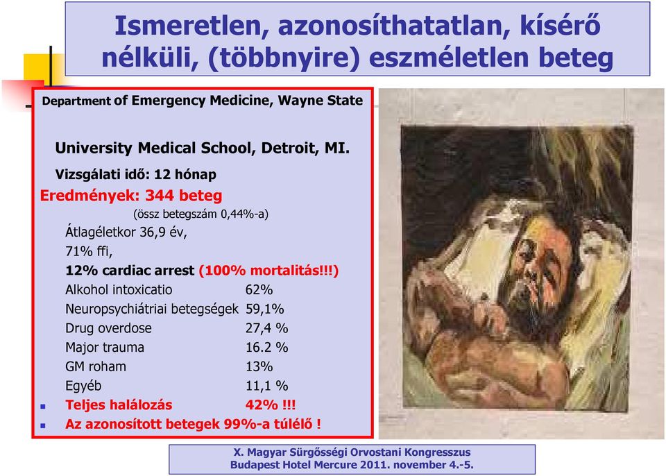 Vizsgálati idő: 12 hónap Eredmények: 344 beteg (össz betegszám 0,44%-a) Átlagéletkor 36,9 év, 71% ffi, 12% cardiac arrest