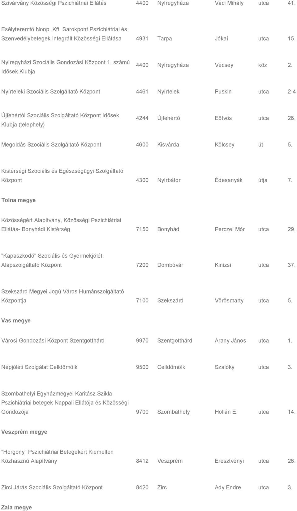 Nyírteleki Szociális Szolgáltató Központ 4461 Nyírtelek Puskin utca 2-4 Újfehértói Szociális Szolgáltató Központ Idősek Klubja (telephely) 4244 Újfehértó Eötvös utca 26.