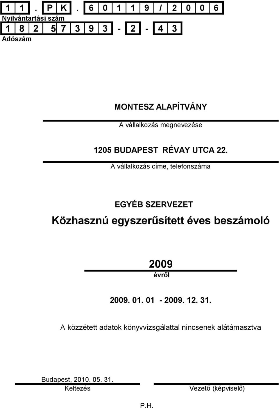A vállalkozás címe, telefonszáma EGYÉB SZERVEZET Közhasznú