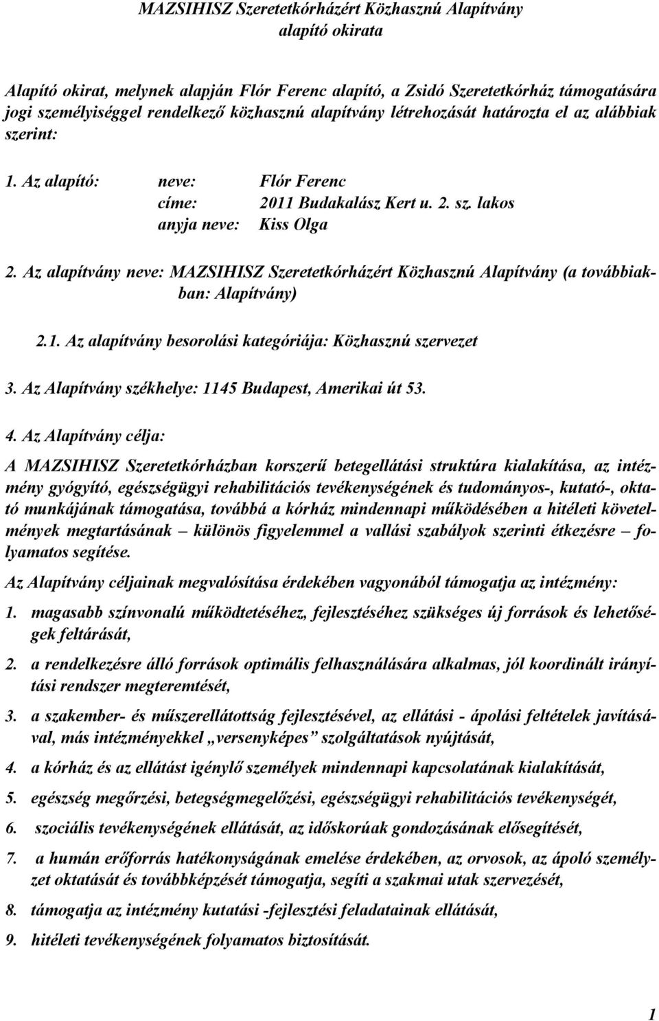 Az alapítvány neve: MAZSIHISZ Szeretetkórházért Közhasznú Alapítvány (a továbbiakban: Alapítvány) 2.1. Az alapítvány besorolási kategóriája: Közhasznú szervezet 3.