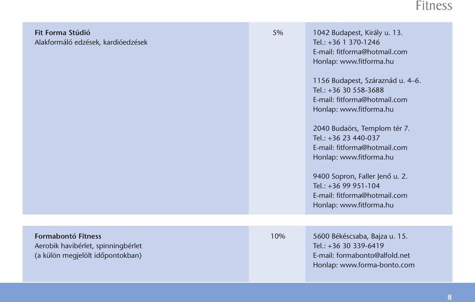 2. Tel.: +36 99 951-104 E-mail: fitforma@hotmail.com Honlap: www.fitforma.hu Formabontó Fitness 10% 5600 Békéscsaba, Bajza u. 15. Aerobik havibérlet, spinningbérlet Tel.
