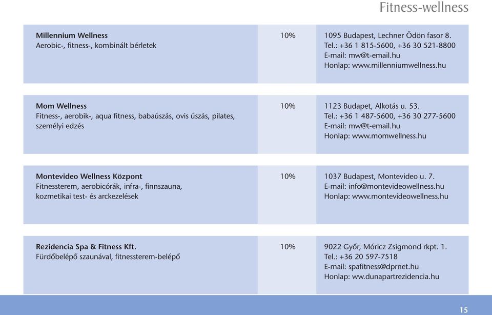 : +36 1 487-5600, +36 30 277-5600 személyi edzés E-mail: mw@t-email.hu Honlap: www.momwellness.hu Montevideo Wellness Központ 10% 1037 Budapest, Montevideo u. 7.