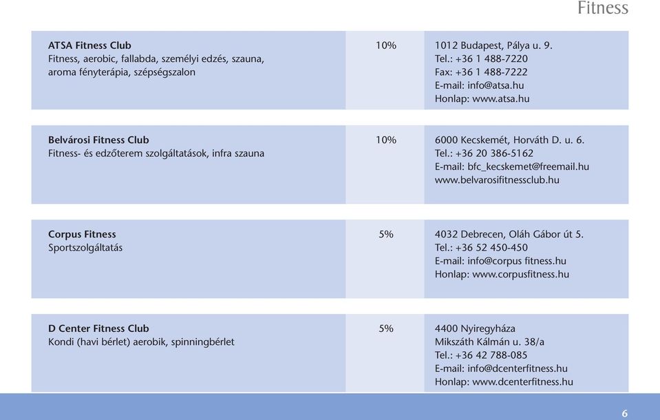 00 Kecskemét, Horváth D. u. 6. Fitness- és edzôterem szolgáltatások, infra szauna Tel.: +36 20 386-5162 E-mail: bfc_kecskemet@freemail.hu www.belvarosifitnessclub.