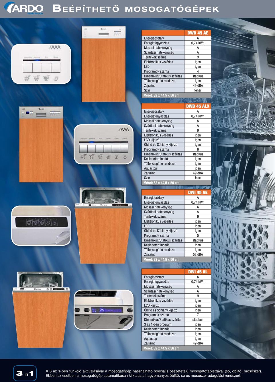 49 db 82 x 44,5 x 56 cm 3 in 1 3 az 1-ben funkció aktiválásával a mosogatógép használható speciális összetételű mosogatótablettával