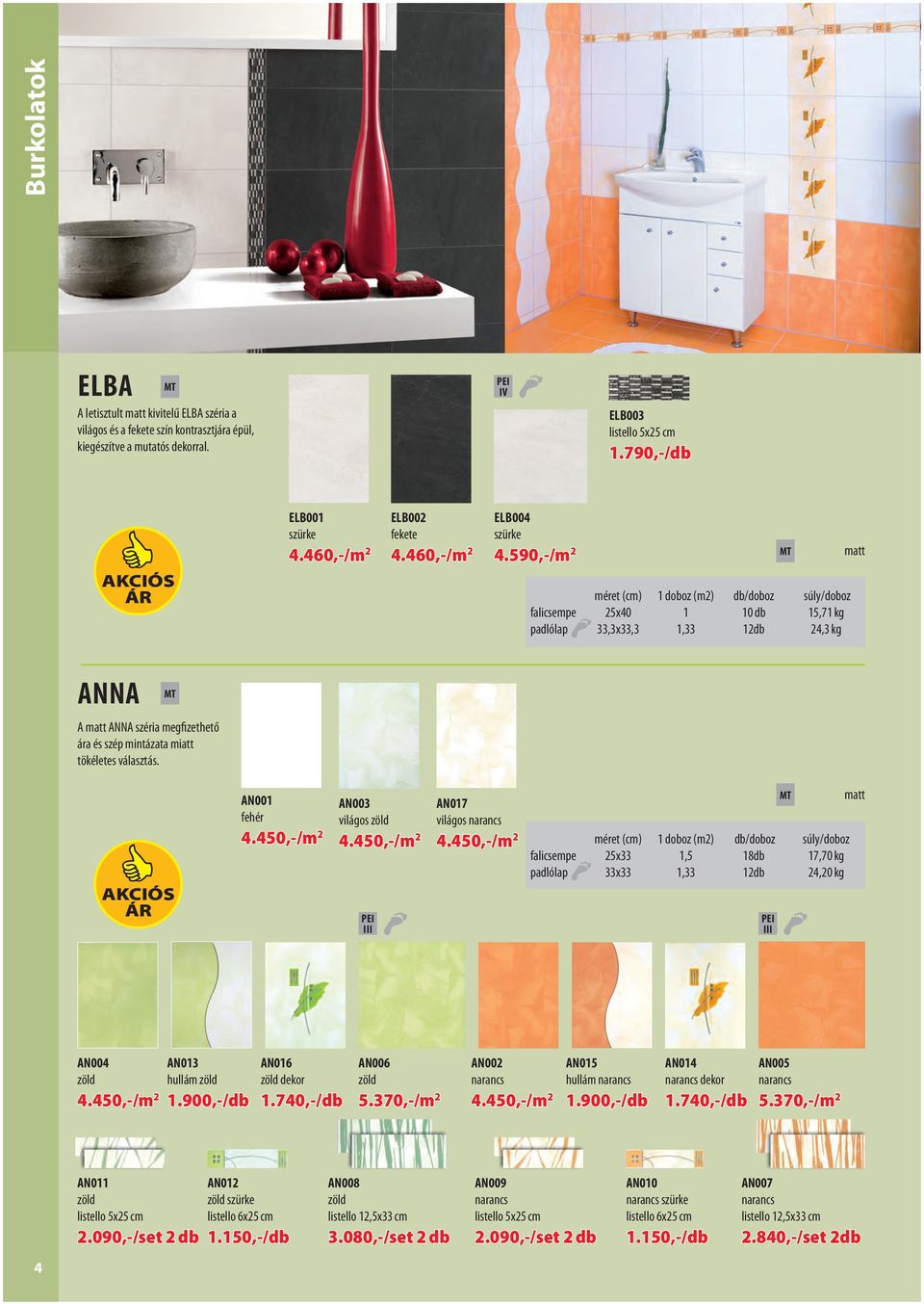 590,-/m 2 méret (cm) 1 doboz (m2) db/doboz súly/doboz falicsempe 25x40 1 10 db 15,71 kg padlólap 33,3x33,3 1,33 12db 24,3 kg MT matt ANNA MT A matt ANNA széria megfizethető ára és szép mintázata