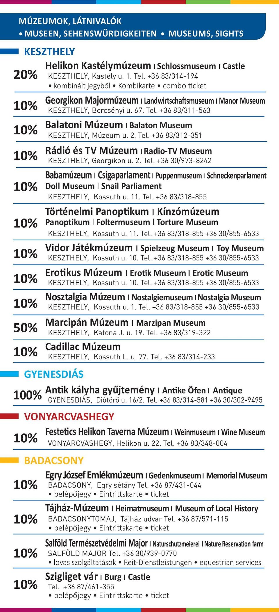 2. Tel. +36 83/312-351 Rádió és TV Múzeum l Radio-TV Museum, Georgikon u. 2. Tel. +36 30/973-8242 Babamúzeum l Csigaparlament l Puppenmuseum l Schneckenparlament Doll Museum l Snail Parliament, Kossuth u.