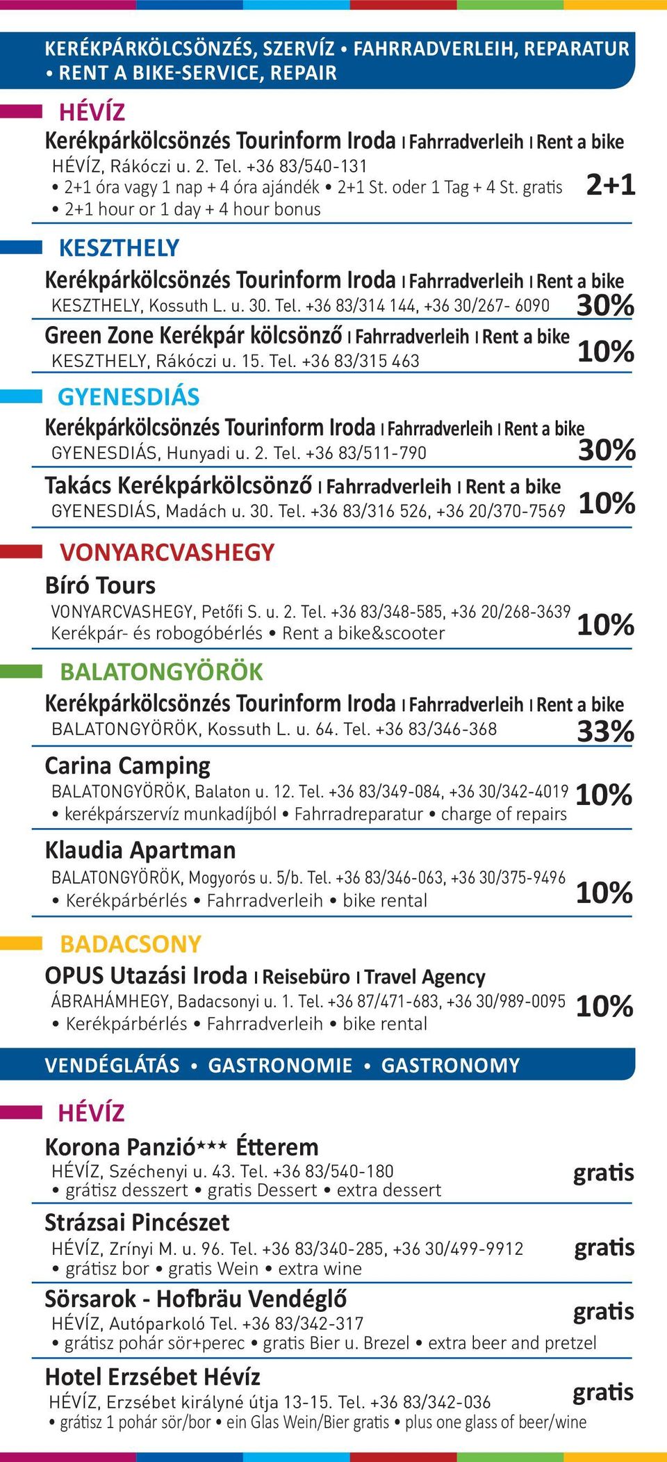 2+1 hour or 1 day + 4 hour bonus gyenesdiás Kerékpárkölcsönzés Tourinform Iroda l Fahrradverleih l Rent a bike Gyenesdiás, Hunyadi u. 2. Tel.