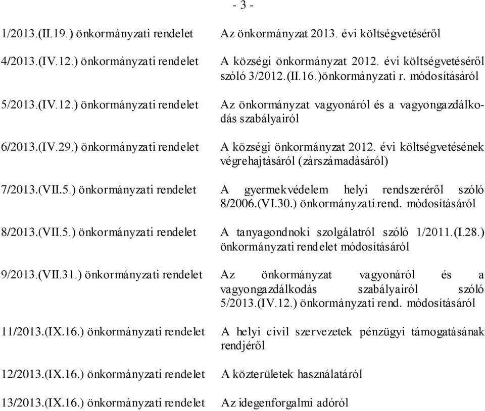 módosításáról Az önkormányzat vagyonáról és a vagyongazdálkodás szabályairól A községi önkormányzat 2012. évi költségvetésének végrehajtásáról (zárszámadásáról) 7/2013.(VII.5.