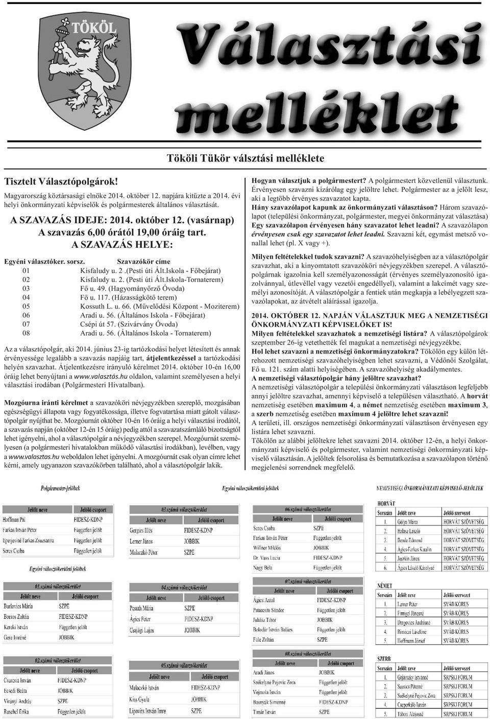 A szavazás HeLYe: egyéni választóker. sorsz. szavazókör címe 01 Kisfaludy u. 2.(Pesti úti Ált.Iskola - Főbejárat) 02 Kisfaludy u. 2. (Pesti úti Ált.Iskola-Tornaterem) 03 Fő u. 49.