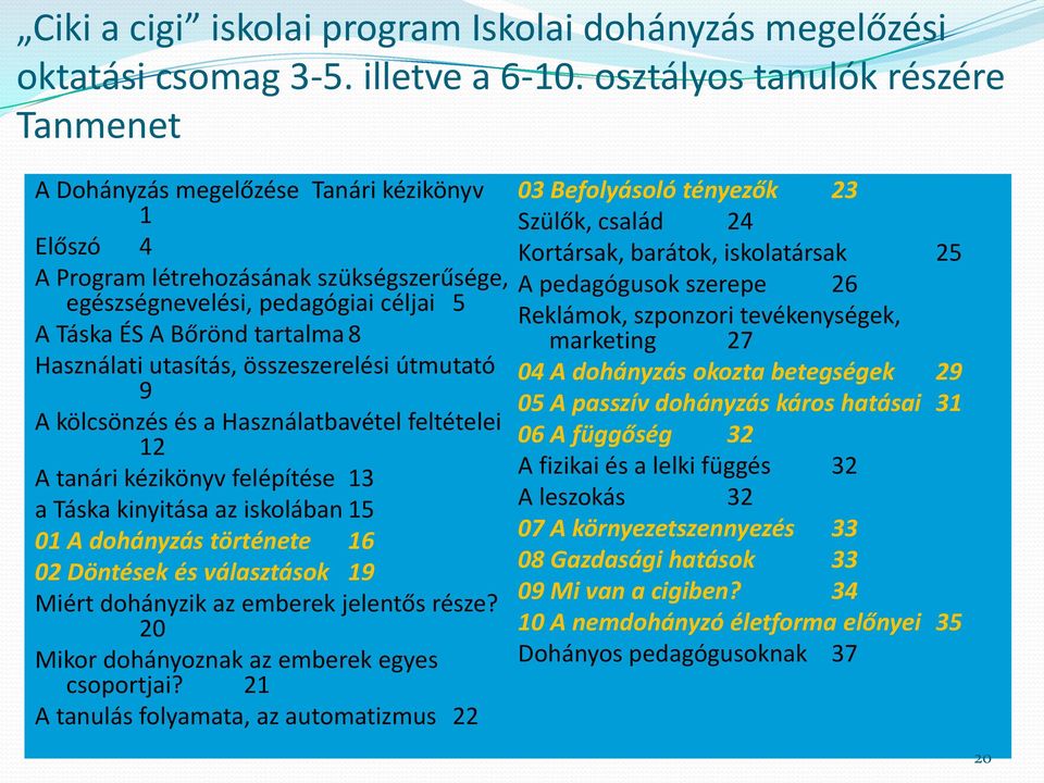 Használati utasítás, összeszerelési útmutató 9 A kölcsönzés és a Használatbavétel feltételei 12 A tanári kézikönyv felépítése 13 a Táska kinyitása az iskolában 15 01 A dohányzás története 16 02