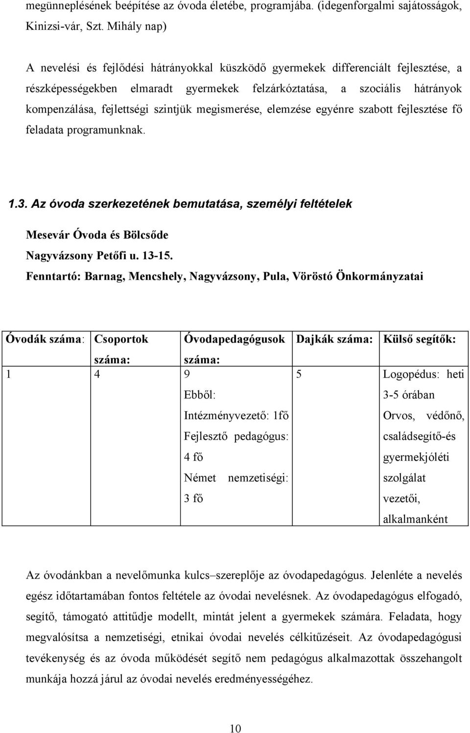 szintjük megismerése, elemzése egyénre szabott fejlesztése fő feladata programunknak. 1.3. Az óvoda szerkezetének bemutatása, személyi feltételek Mesevár Óvoda és Bölcsőde Nagyvázsony Petőfi u. 13-15.