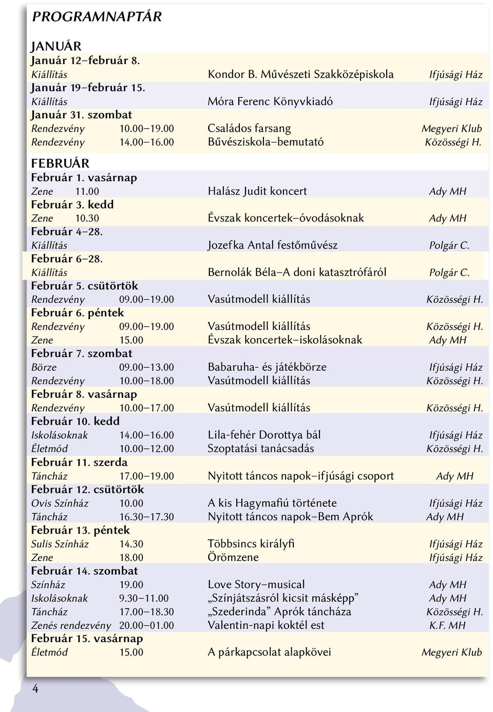 kedd Zene 10.30 Évszak koncertek óvodásoknak Ady MH Február 4 28. Kiállítás Jozefka Antal festőművész Polgár C. Február 6 28. Kiállítás Bernolák Béla A doni katasztrófáról Polgár C. Február 5.