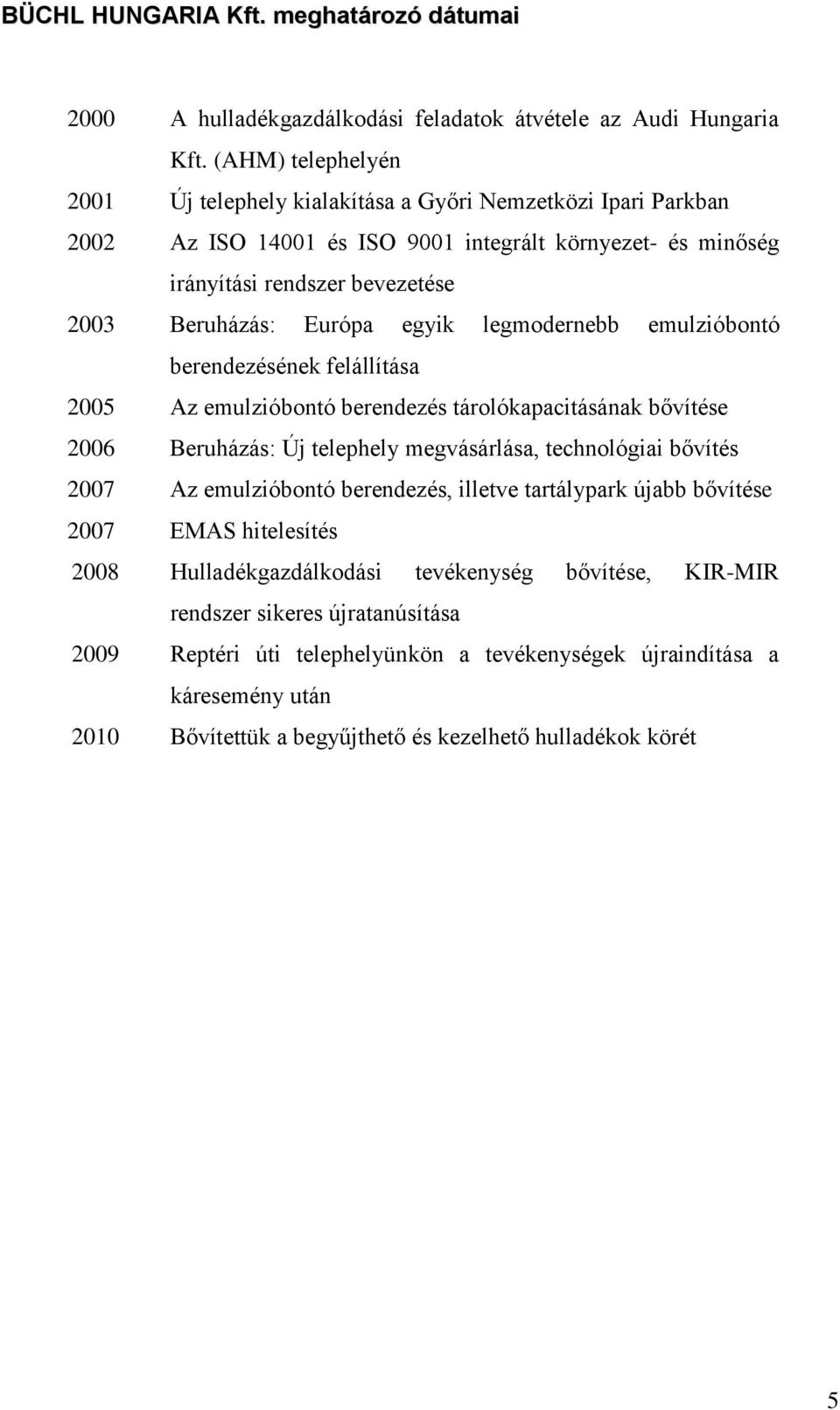 egyik legmodernebb emulzióbontó berendezésének felállítása 2005 Az emulzióbontó berendezés tárolókapacitásának bővítése 2006 Beruházás: Új telephely megvásárlása, technológiai bővítés 2007 Az