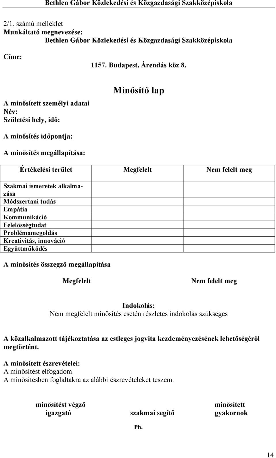 Módszertani tudás Empátia Kommunikáció Felelısségtudat Problémamegoldás Kreativitás, innováció Együttmőködés A minısítés összegzı megállapítása Megfelelt Nem felelt meg Indokolás: Nem megfelelt