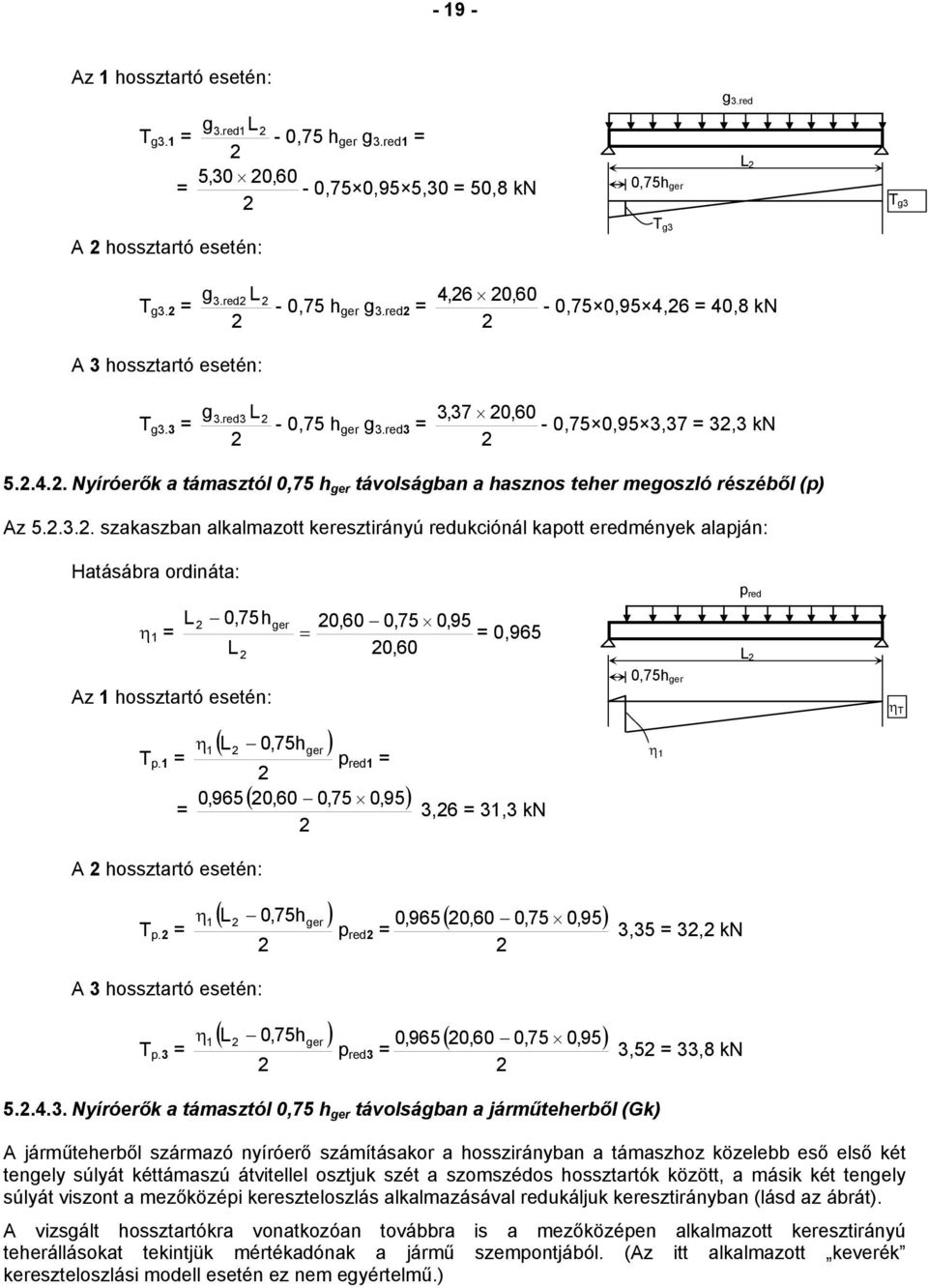 .. szakaszban alkalmazott keresztirányú redukciónál kapott eredmények alapján: Hatásábra ordináta: η 1 L 0,5h L 0,0 0,5 0,0 ger 0,95 0,95 p red L Az 1 hossztartó esetén: ( ) η 1 L 0,5hger T p.