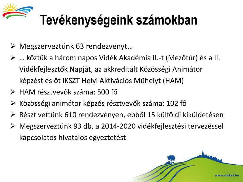 résztvevők száma: 500 fő Közösségi animátor képzés résztvevők száma: 102 fő Részt vettünk 610 rendezvényen, ebből 15