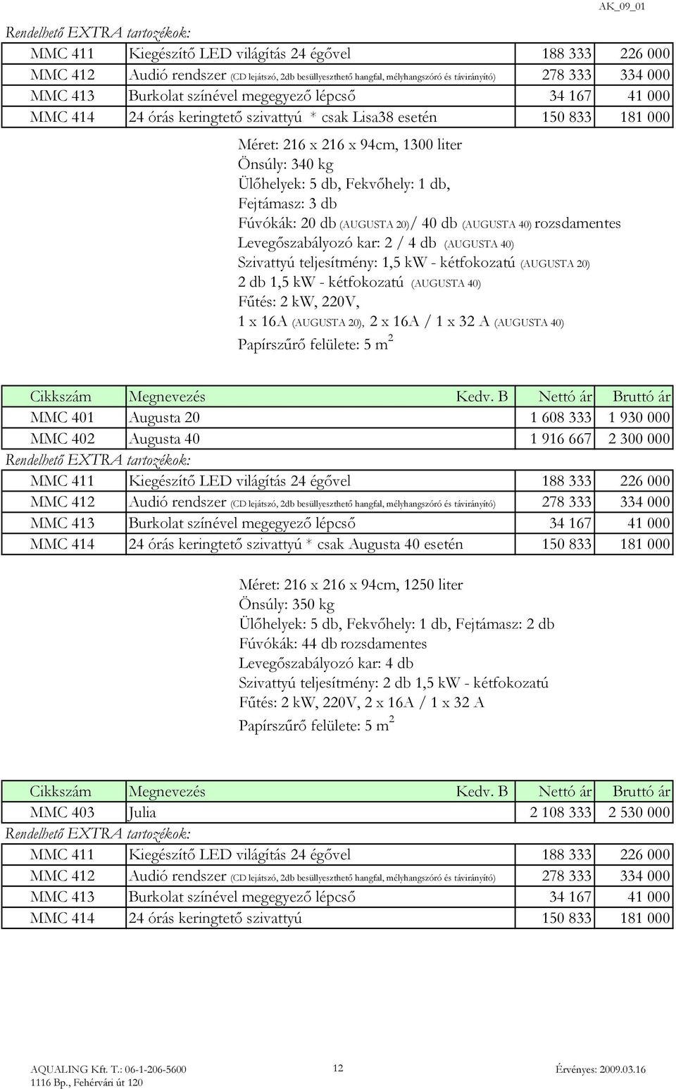 Fekvőhely: 1 db, Fejtámasz: 3 db Fúvókák: 20 db (AUGUSTA 20)/ 40 db (AUGUSTA 40) rozsdamentes Levegőszabályozó kar: 2 / 4 db (AUGUSTA 40) Szivattyú teljesítmény: 1,5 kw - kétfokozatú (AUGUSTA 20) 2