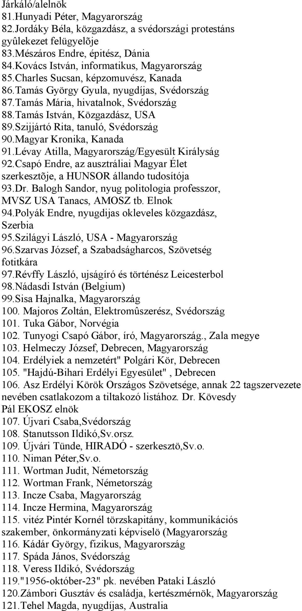 Tamás István, Közgazdász, USA 89.Szijjártó Rita, tanuló, Svédország 90.Magyar Kronika, Kanada 91.Lévay Atilla, Magyarország/Egyesült Királyság 92.