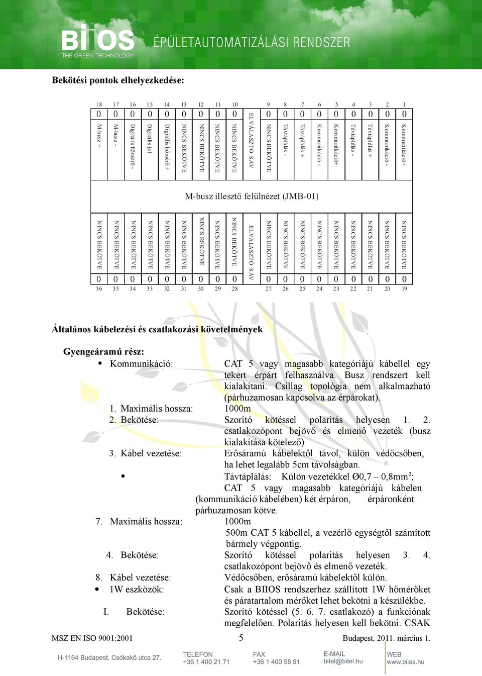 Kábel vezetése: Erősáramú kábelektől távl, külön védőcsőben, ha lehet legalább 5cm távlságban.