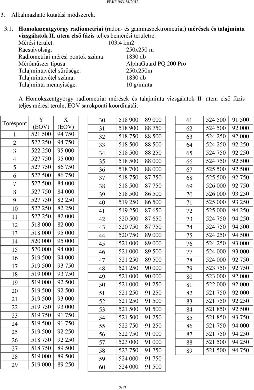 sűrűsége: 250x250m Talajmintavétel száma: 1830 db Talajminta mennyisége: 10 g/minta A Homokszentgyörgy radiometriai mérések és talajminta vizsgálatok II.