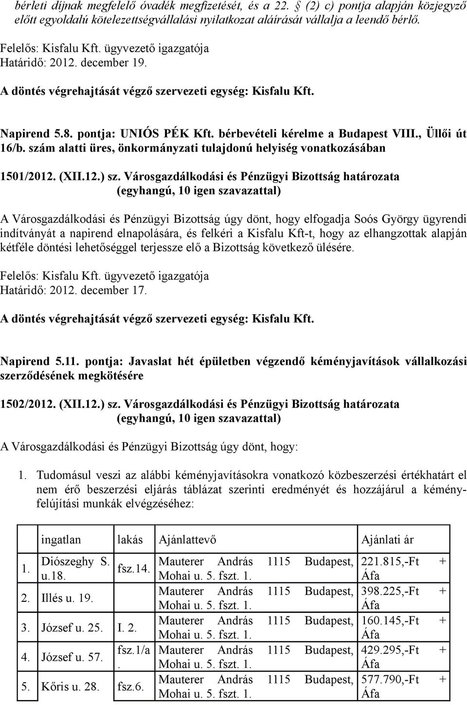 szám alatti üres, önkormányzati tulajdonú helyiség vonatkozásában 1501/2012. (XII.12.) sz.