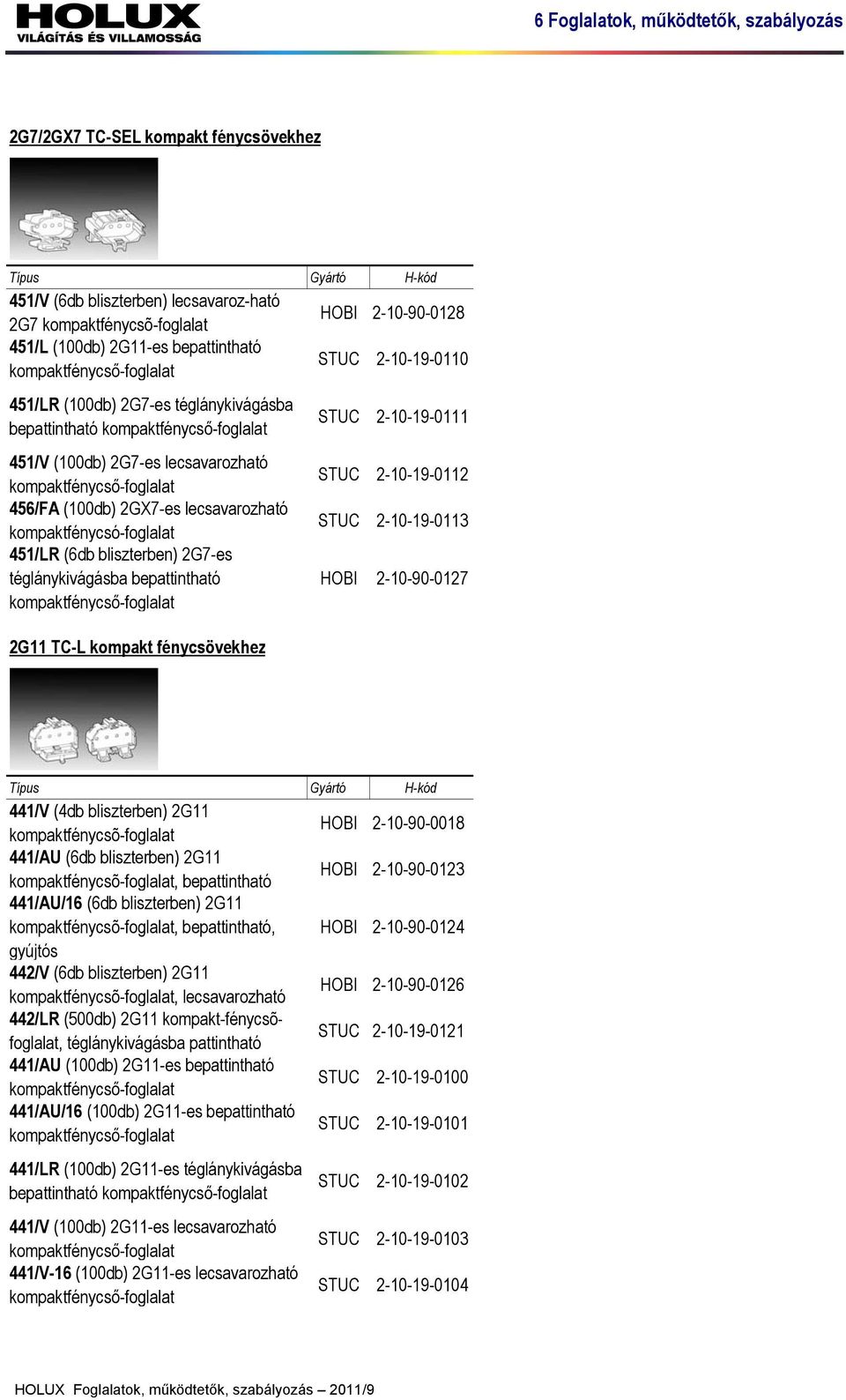 kompaktfénycső-foglalat 2G11 TC-L kompakt fénycsövekhez HOBI 2-10-90-0128 STUC 2-10-19-0110 STUC 2-10-19-0111 STUC 2-10-19-0112 STUC 2-10-19-0113 HOBI 2-10-90-0127 441/V (4db bliszterben) 2G11