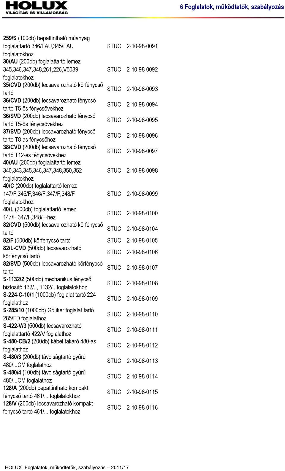 STUC 2-10-98-0095 37/SVD (200db) lecsavarozható fénycső tartó T8-as fénycsőhöz STUC 2-10-98-0096 38/CVD (200db) lecsavarozható fénycső tartó T12-es fénycsövekhez STUC 2-10-98-0097 40/AU (200db)