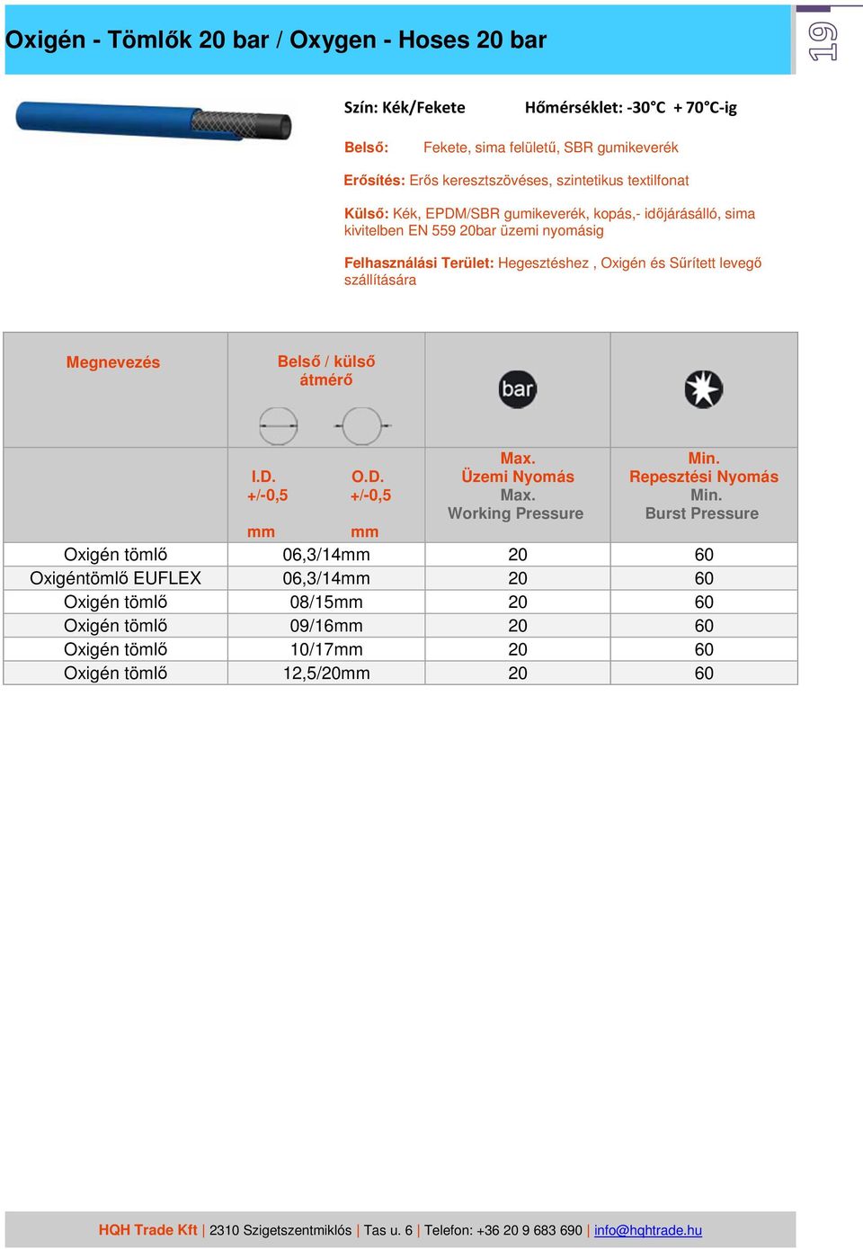 nyomásig Felhasználási Terület: Hegesztéshez, Oxigén és Sűrített levegő szállítására Oxigén tömlő 06,3/14mm 20 60
