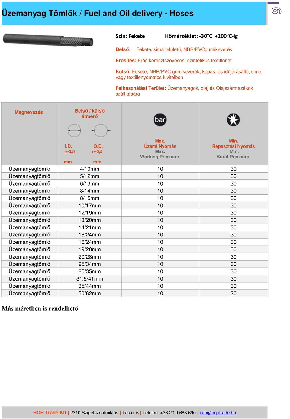 Üzemanyagtömlő 8/14mm 10 30 Üzemanyagtömlő 8/15mm 10 30 Üzemanyagtömlő 10/17mm 10 30 Üzemanyagtömlő 12/19mm 10 30 Üzemanyagtömlő 13/20mm 10 30 Üzemanyagtömlő 14/21mm 10 30 Üzemanyagtömlő 16/24mm 10