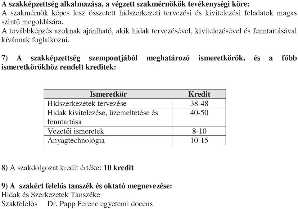 7) A szakképzettség szempontjából meghatározó ismeretkörök, és a fbb ismeretkörökhöz rendelt kreditek: Ismeretkör Kredit Hídszerkezetek tervezése 38-48 Hidak kivitelezése,