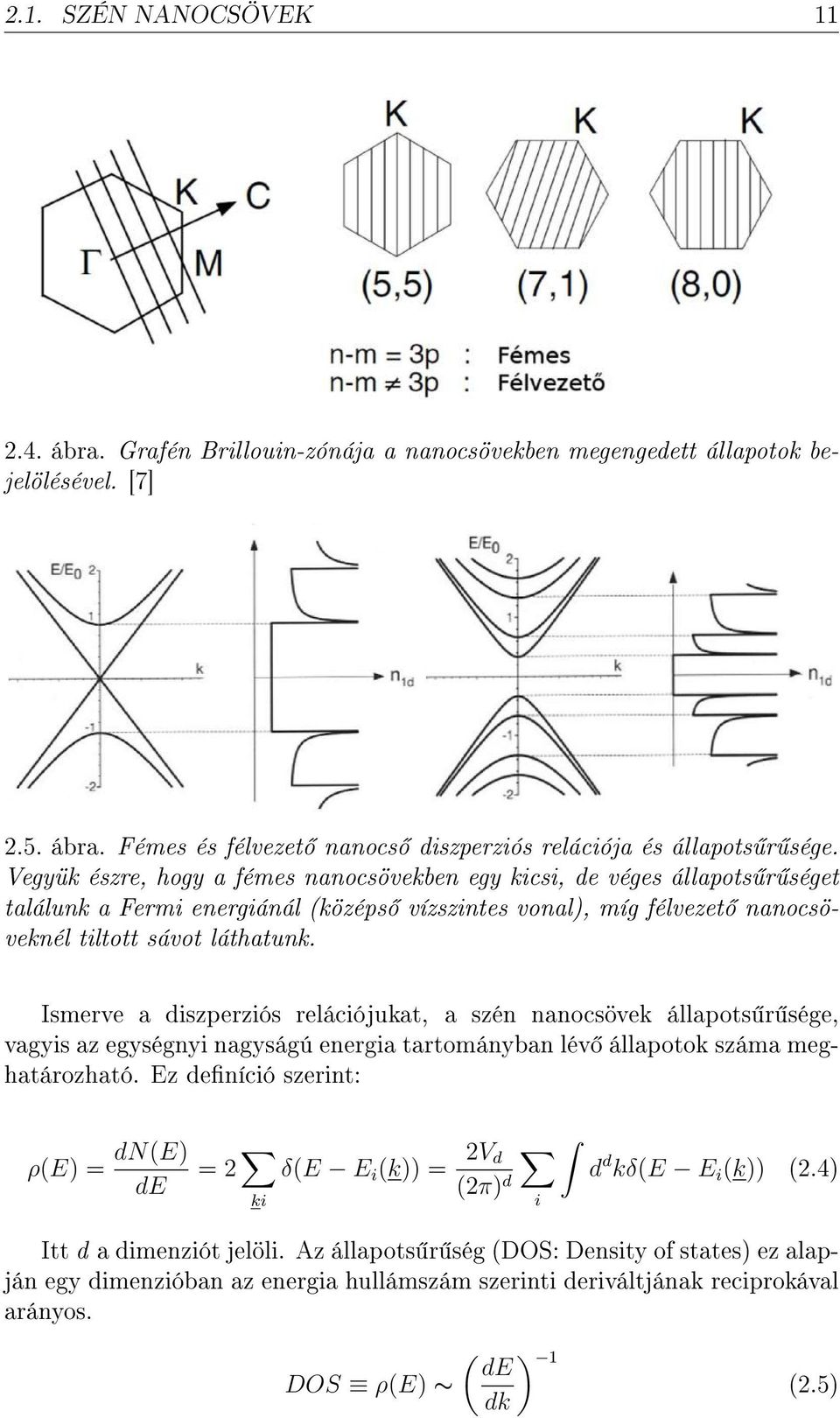 Ismerve a diszperziós relációjukat, a szén nanocsövek állapots r sége, vagyis az egységnyi nagyságú energia tartományban lév állapotok száma meghatározható.