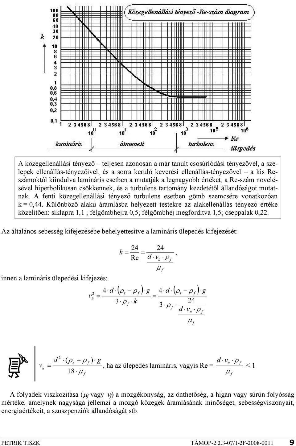 A fenti közegellenállási tényező turbulens esetben gömb szemcsére vonatkozóan k 0,44.