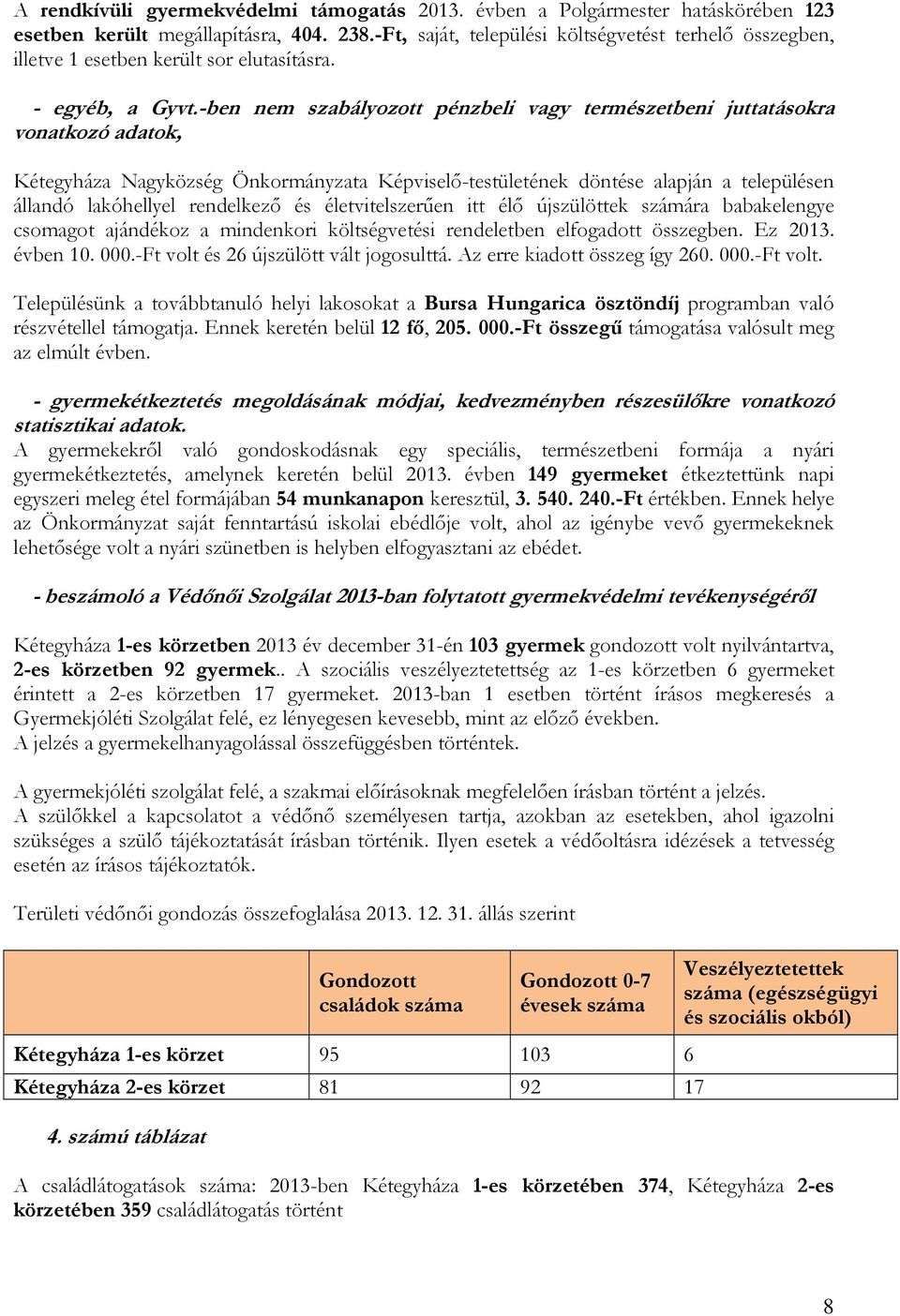 -ben nem szabályozott pénzbeli vagy természetbeni juttatásokra vonatkozó adatok, Kétegyháza Nagyközség Önkormányzata Képviselő-testületének döntése alapján a településen állandó lakóhellyel