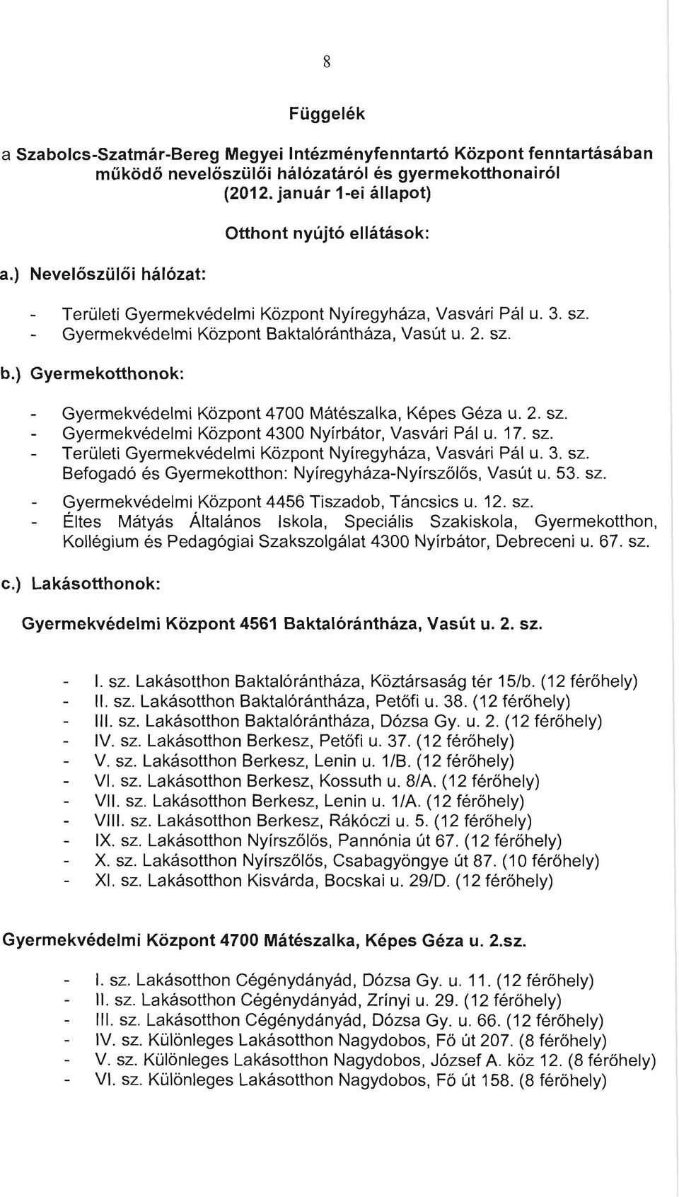 ) Gyermekotthonok: Gyermekvédelmi Központ 4700 Mátészalka, Képes Géza u. 2. sz. Gyermekvédelmi Központ 4300 Nyírbátor, Vasvári Pál u. 17. sz. Területi Gyermekvédelmi Központ Nyíregyháza, Vasvári Pál u.