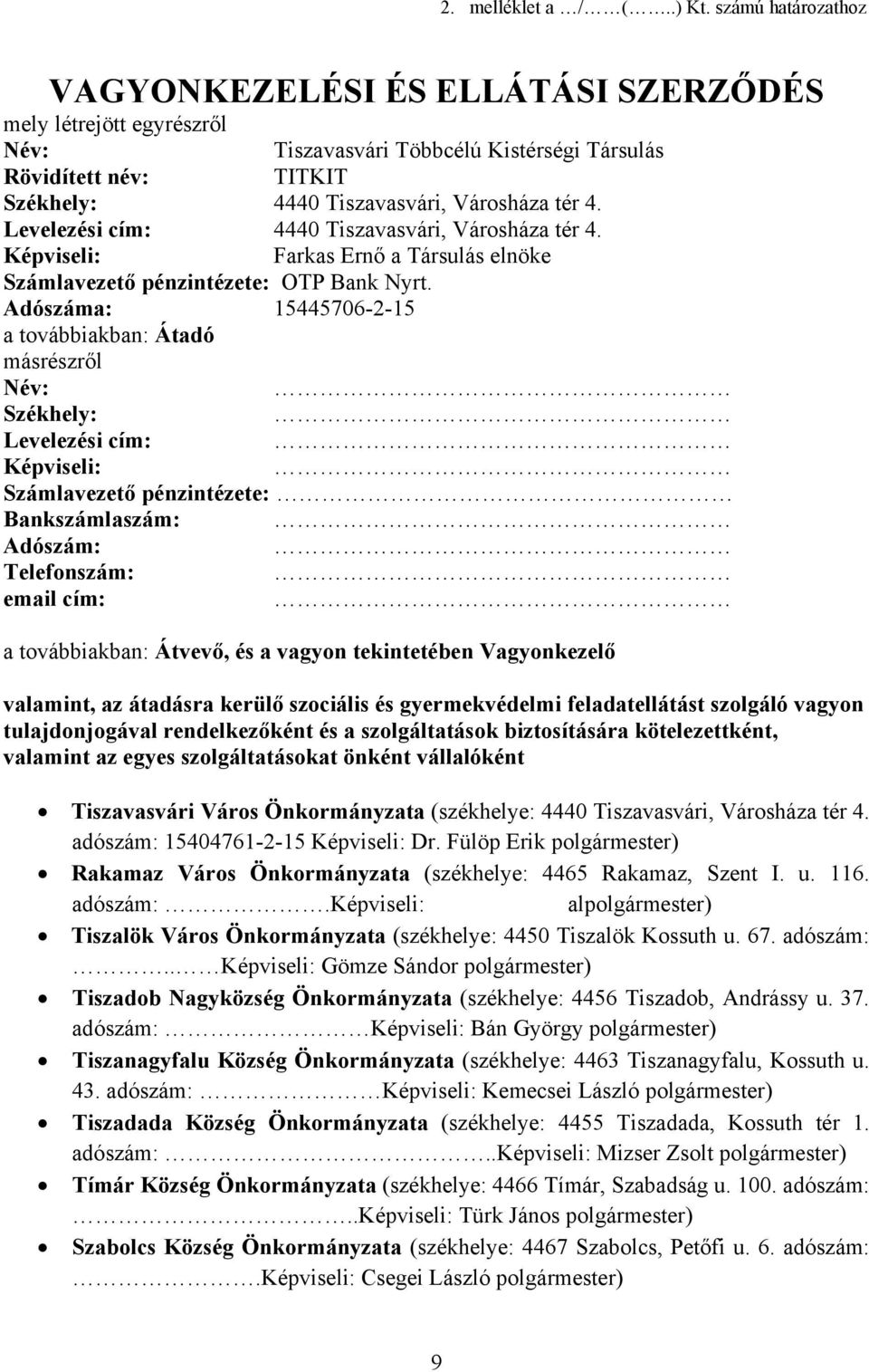 Levelezési cím: Városháza tér 4. Képviseli: Farkas Ernő a Társulás elnöke Számlavezető pénzintézete: OTP Bank Nyrt.