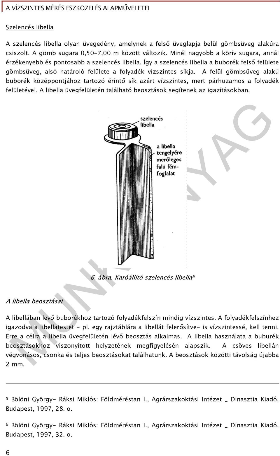 A felül gömbsüveg alakú buborék középpontjához tartozó érintő sík azért vízszintes, mert párhuzamos a folyadék felületével. A libella üvegfelületén található beosztások segítenek az igazításokban.