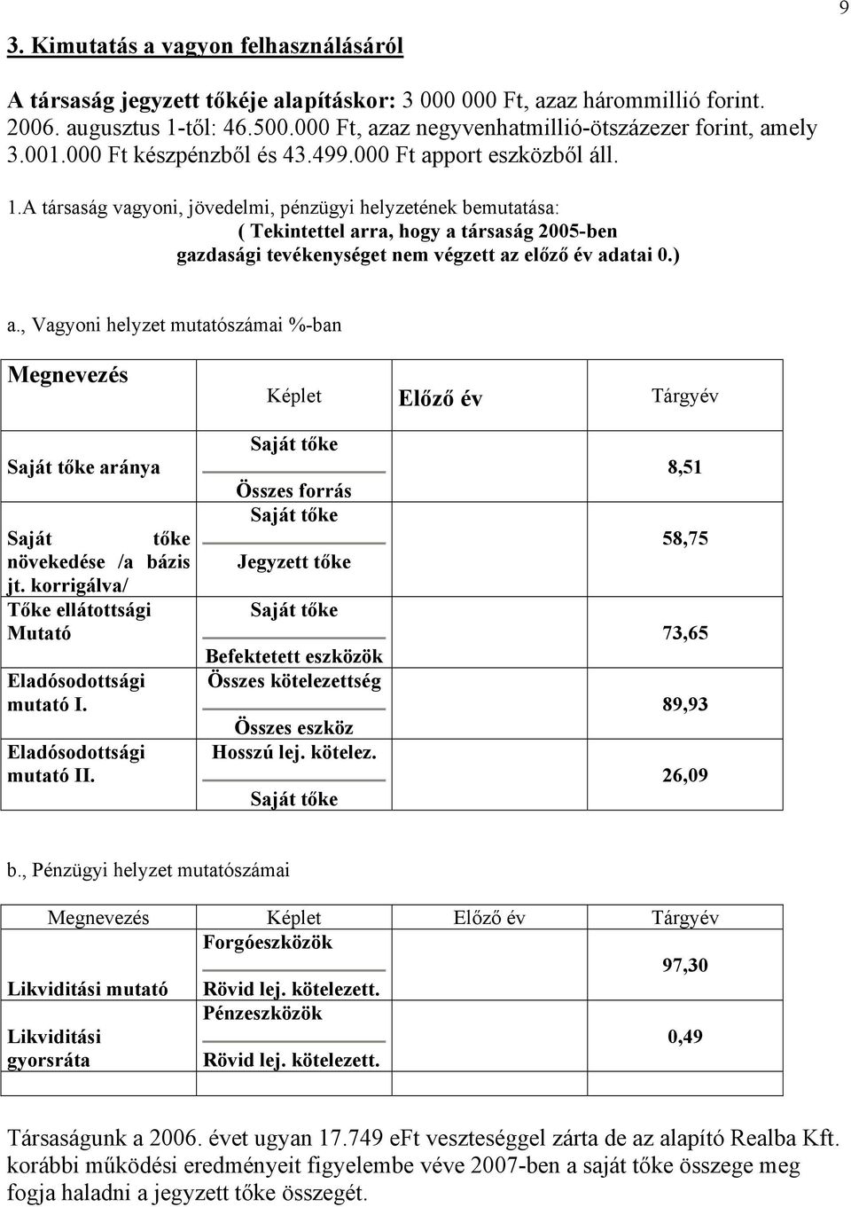 A társaság vagyoni, jövedelmi, pénzügyi helyzetének bemutatása: ( Tekintettel arra, hogy a társaság 2005-ben gazdasági tevékenységet nem végzett az előző év adatai 0.) a.