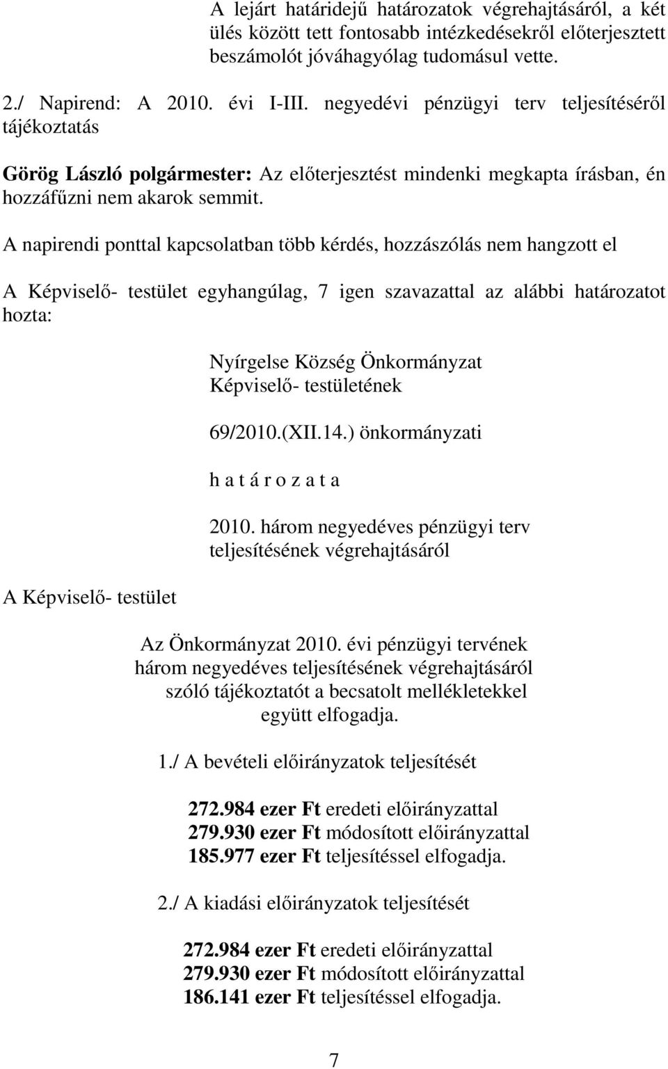 A napirendi ponttal kapcsolatban több kérdés, hozzászólás nem hangzott el A Képviselő- testület egyhangúlag, 7 igen szavazattal az alábbi határozatot hozta: A Képviselő- testület 69/2010.(XII.14.