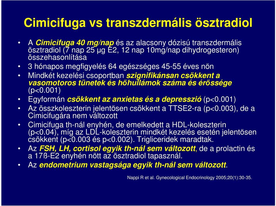 001) Az összkoleszterin jelentősen csökkent a TTSE2-ra (p<0.003), de a Cimicifugára nem változott Cimicifuga th-nál enyhén, de emelkedett a HDL-koleszterin (p<0.