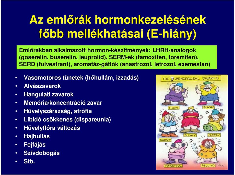 letrozol, exemestan) Vasomotoros tünetek (hőhullám, izzadás) Alvászavarok Hangulati zavarok Memória/koncentráció