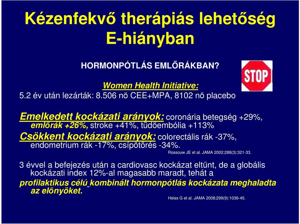 arányok: colorectális rák -37%, endometrium rák -17%, csípőtörés -34%. Rossouw JE et al. JAMA 2002;288(3):321-33.