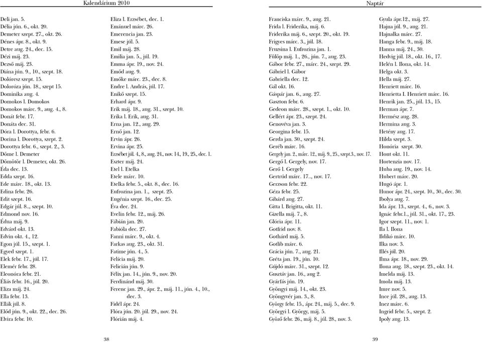 Döme l. Demeter Dömötör l. Demeter, okt. 26. Éda dec. 13. Edda szept. 16. Ede márc. 18., okt. 13. Edina febr. 26. Edit szept. 16. Edgár júl. 8.., szept. 10. Edmond nov. 16. Édua máj. 9. Edvárd okt.