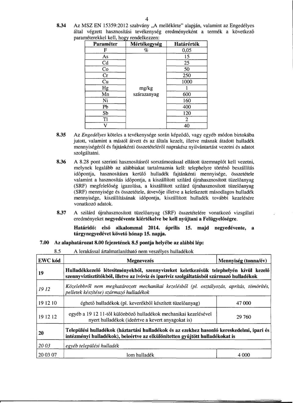 hollvrende lk, Paraméter szárazanyag mg/kg Mértékegysé2 0,05 % Határérték 600 1000 250 400 120 160 15 2 8.